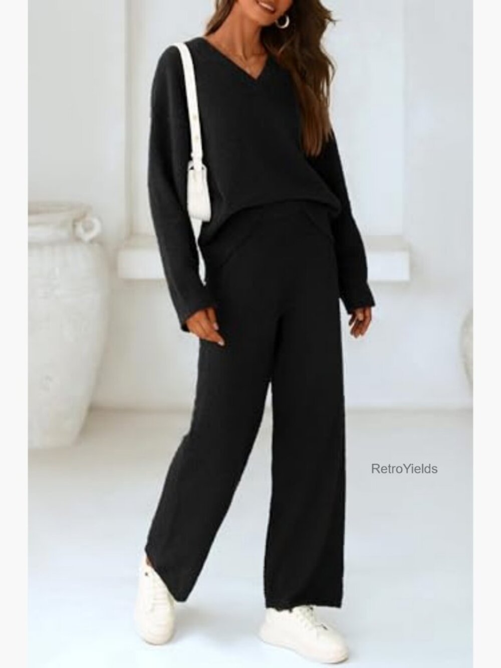 Two Piece Relaxed Knit Lounge Set Wide Leg Sweatpants Pullover V Neck - Picture 6 of 7